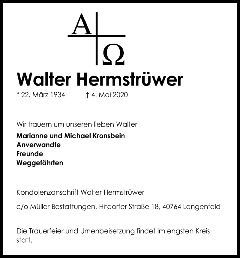  Traueranzeige für Walter Hermstrüwer vom 16.05.2020 aus Kölner Stadt-Anzeiger / Kölnische Rundschau / Express