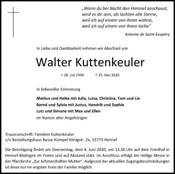 Anzeige von Walter Kuttenkeuler von Kölner Stadt-Anzeiger / Kölnische Rundschau / Express