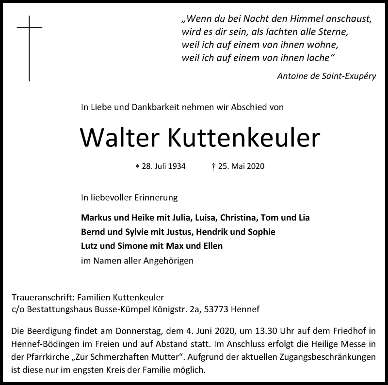  Traueranzeige für Walter Kuttenkeuler vom 30.05.2020 aus Kölner Stadt-Anzeiger / Kölnische Rundschau / Express