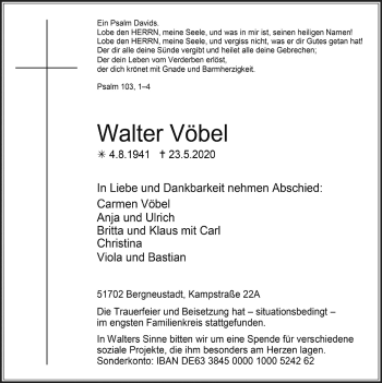 Anzeige von Walter Vöbel von  Anzeigen Echo 