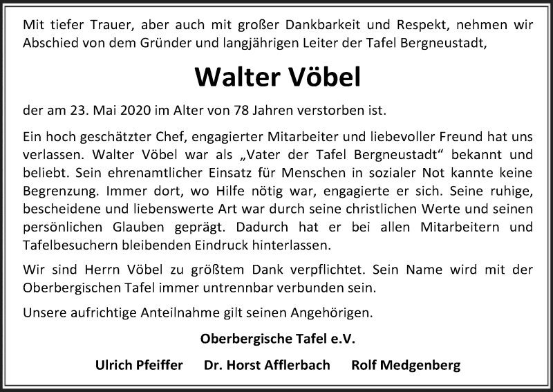  Traueranzeige für Walter Vöbel vom 30.05.2020 aus Kölner Stadt-Anzeiger / Kölnische Rundschau / Express