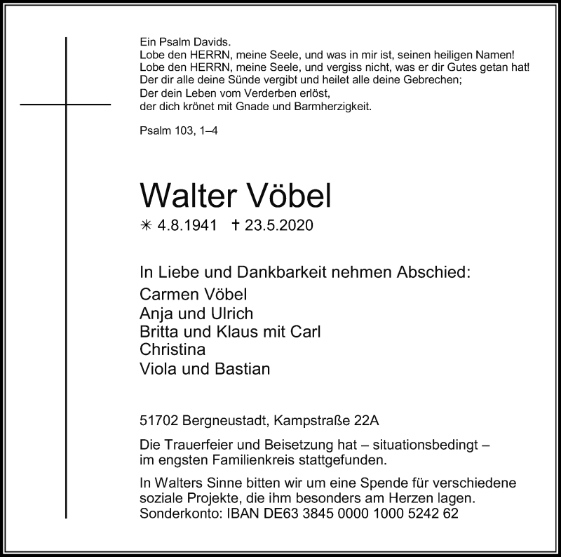  Traueranzeige für Walter Vöbel vom 30.05.2020 aus Kölner Stadt-Anzeiger / Kölnische Rundschau / Express
