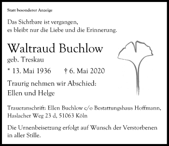 Anzeige von Waltraud Buchlow von Kölner Stadt-Anzeiger / Kölnische Rundschau / Express