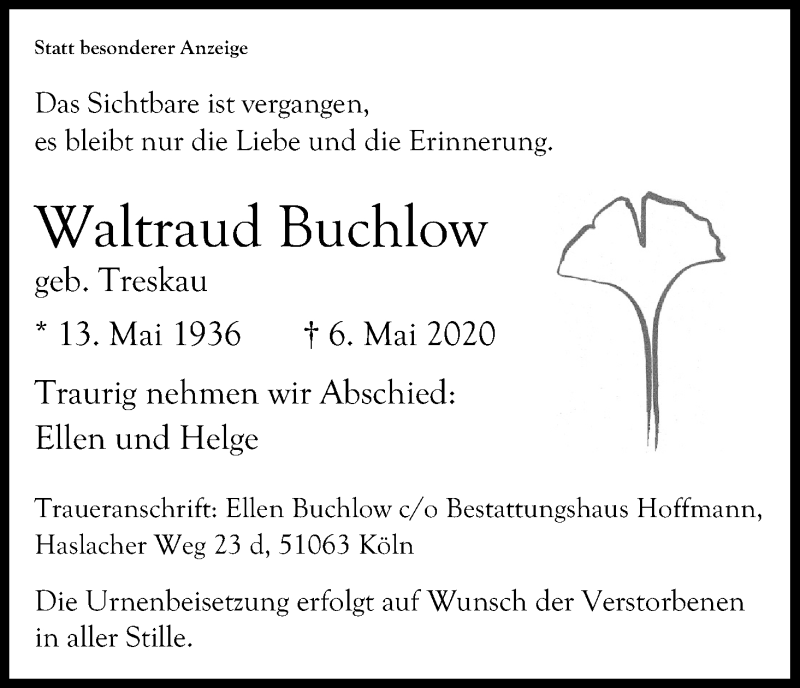  Traueranzeige für Waltraud Buchlow vom 16.05.2020 aus Kölner Stadt-Anzeiger / Kölnische Rundschau / Express