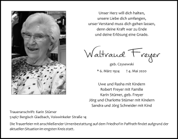 Anzeige von Waltraud Freyer von Kölner Stadt-Anzeiger / Kölnische Rundschau / Express