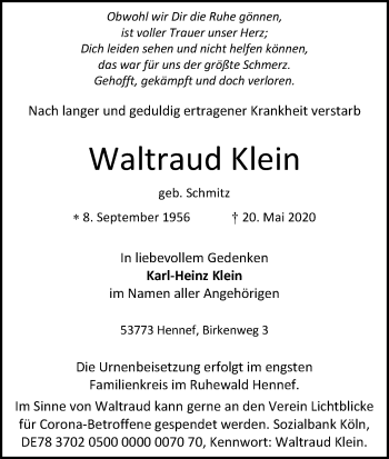 Anzeige von Waltraud Klein von Kölner Stadt-Anzeiger / Kölnische Rundschau / Express