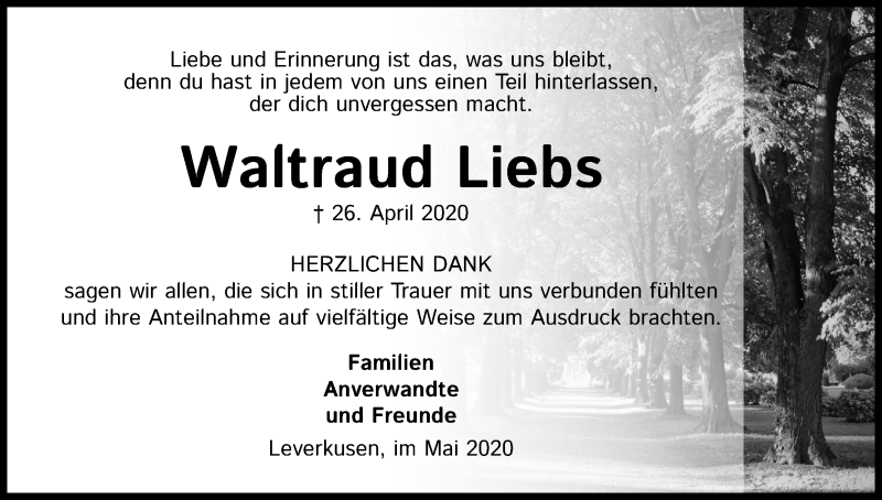  Traueranzeige für Waltraud Liebs vom 30.05.2020 aus Kölner Stadt-Anzeiger / Kölnische Rundschau / Express