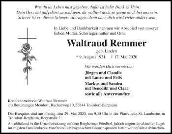 Anzeige von Waltraud Remmer von Kölner Stadt-Anzeiger / Kölnische Rundschau / Express