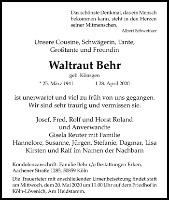 Anzeige von Waltraut Behr von Kölner Stadt-Anzeiger / Kölnische Rundschau / Express