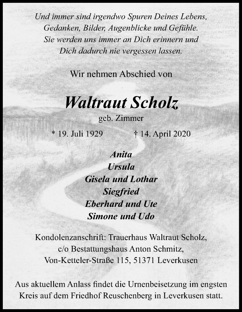  Traueranzeige für Waltraut Scholz vom 09.05.2020 aus Kölner Stadt-Anzeiger / Kölnische Rundschau / Express