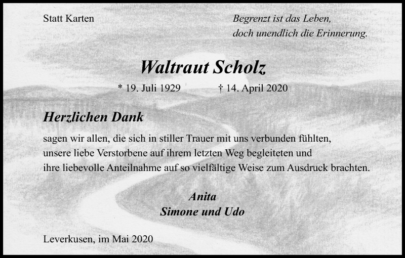  Traueranzeige für Waltraut Scholz vom 23.05.2020 aus Kölner Stadt-Anzeiger / Kölnische Rundschau / Express