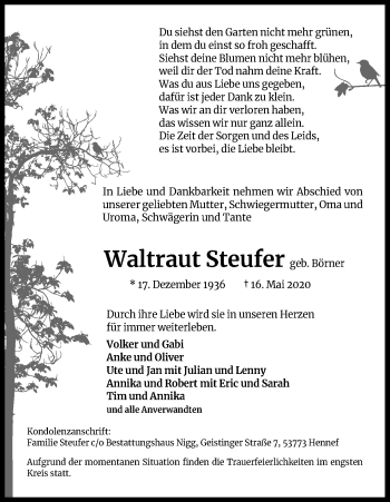 Anzeige von Waltraut Steufer von Kölner Stadt-Anzeiger / Kölnische Rundschau / Express