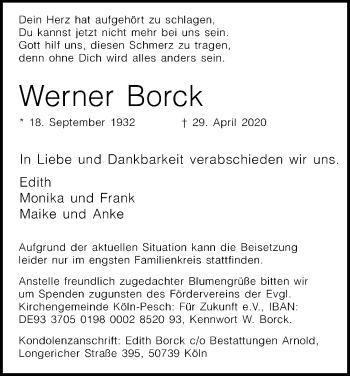 Anzeige von Werner Borck von Kölner Stadt-Anzeiger / Kölnische Rundschau / Express
