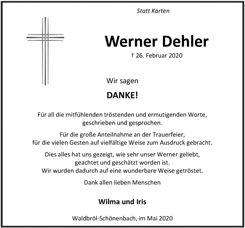  Traueranzeige für Werner Dehler vom 22.05.2020 aus  Lokalanzeiger 