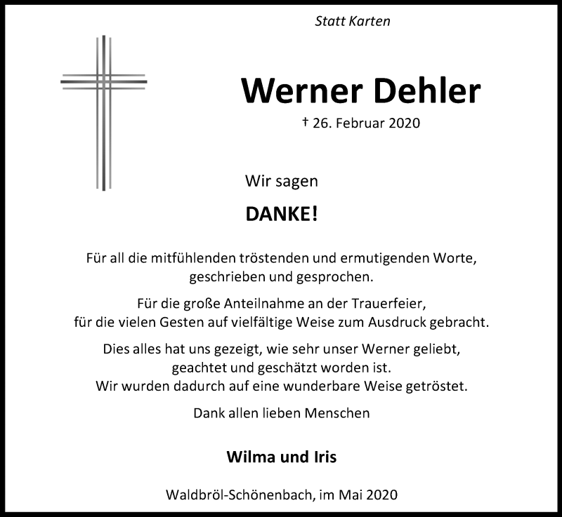  Traueranzeige für Werner Dehler vom 23.05.2020 aus Kölner Stadt-Anzeiger / Kölnische Rundschau / Express