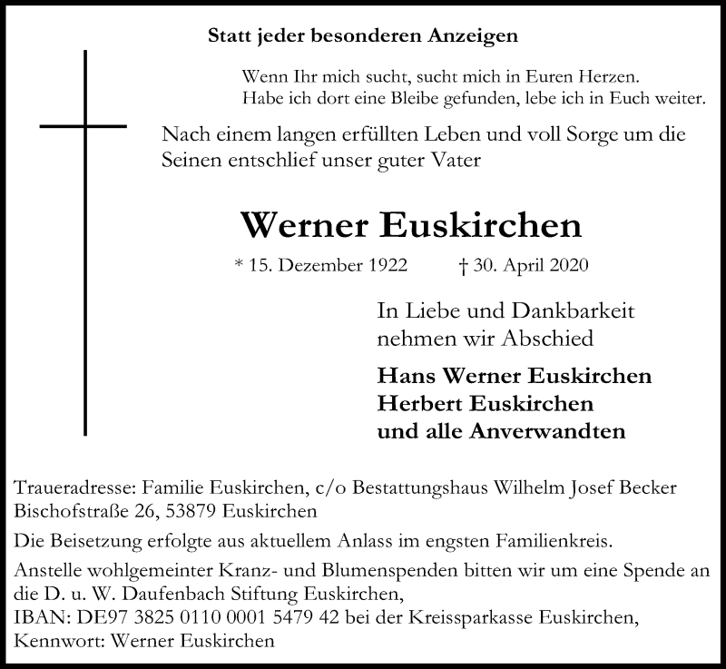  Traueranzeige für Werner Euskirchen vom 16.05.2020 aus Kölner Stadt-Anzeiger / Kölnische Rundschau / Express