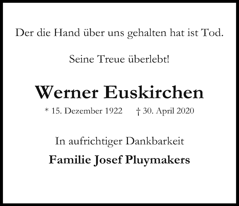  Traueranzeige für Werner Euskirchen vom 09.05.2020 aus Kölner Stadt-Anzeiger / Kölnische Rundschau / Express