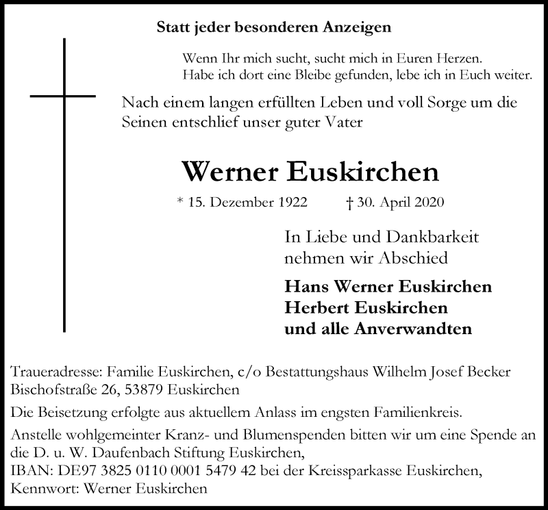  Traueranzeige für Werner Euskirchen vom 09.05.2020 aus  Blickpunkt Euskirchen 