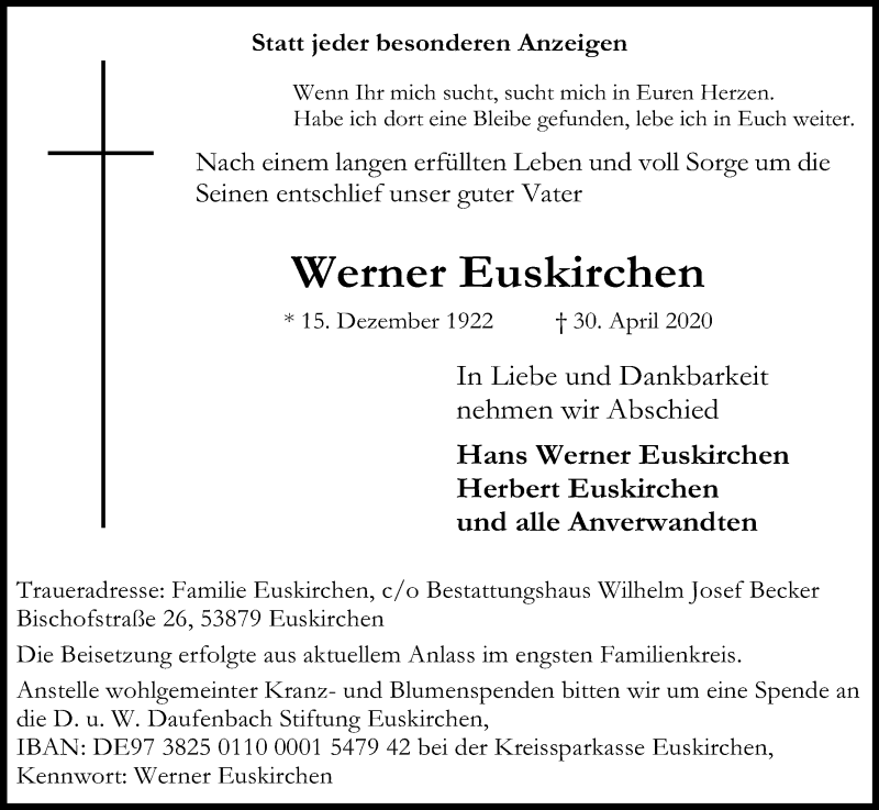  Traueranzeige für Werner Euskirchen vom 09.05.2020 aus Kölner Stadt-Anzeiger / Kölnische Rundschau / Express