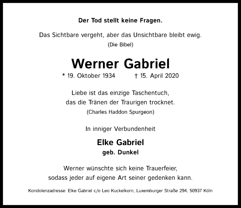  Traueranzeige für Werner Gabriel vom 02.05.2020 aus Kölner Stadt-Anzeiger / Kölnische Rundschau / Express