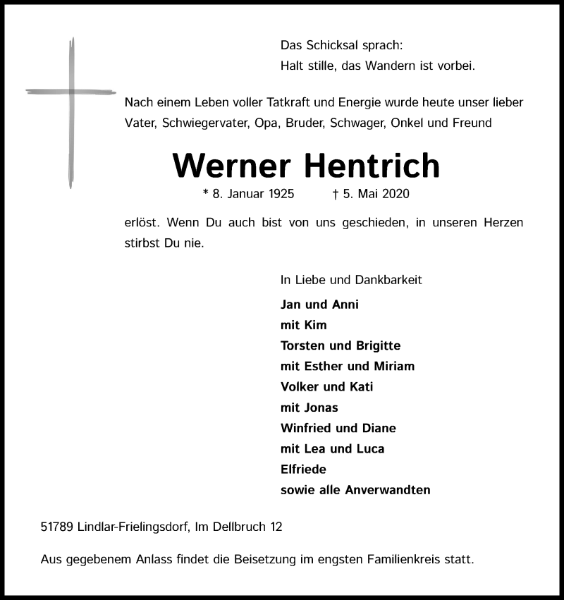  Traueranzeige für Werner Hentrich vom 09.05.2020 aus Kölner Stadt-Anzeiger / Kölnische Rundschau / Express