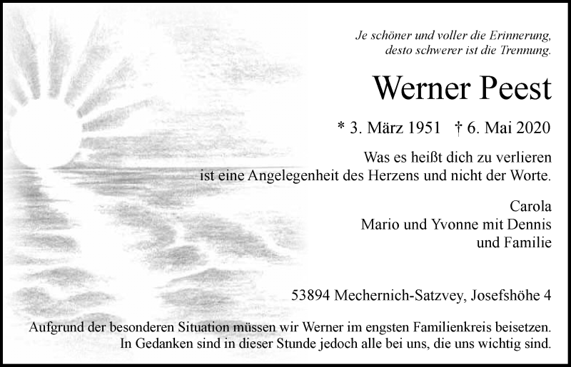  Traueranzeige für Werner Peest vom 16.05.2020 aus  Blickpunkt Euskirchen 