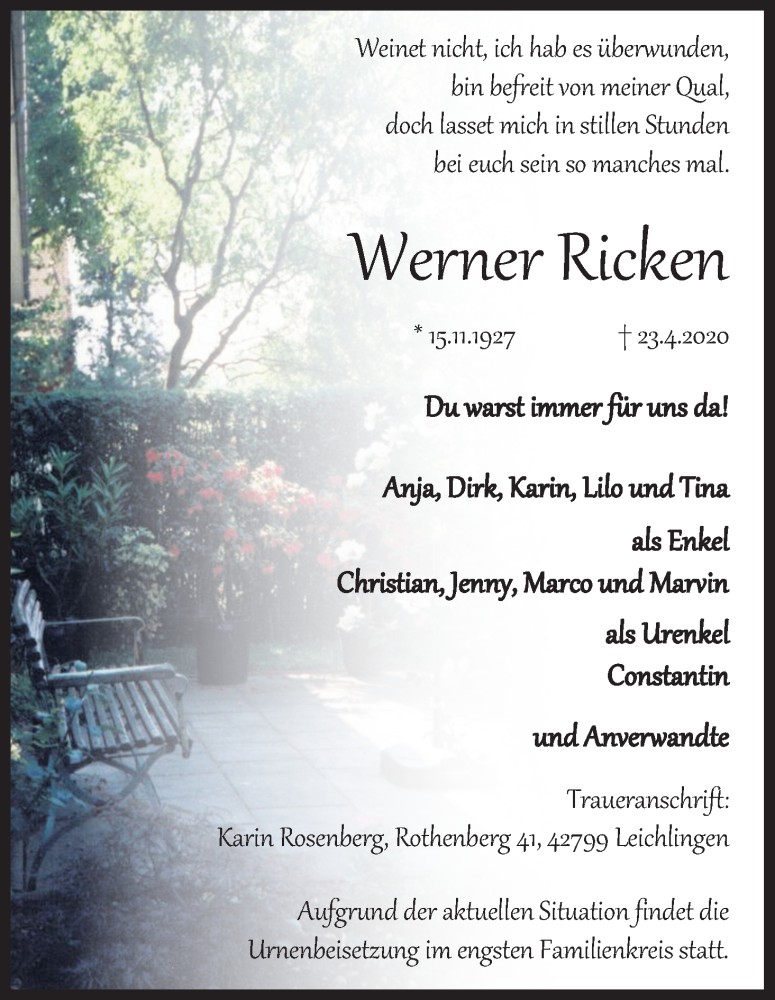  Traueranzeige für Werner Ricken vom 02.05.2020 aus Kölner Stadt-Anzeiger / Kölnische Rundschau / Express