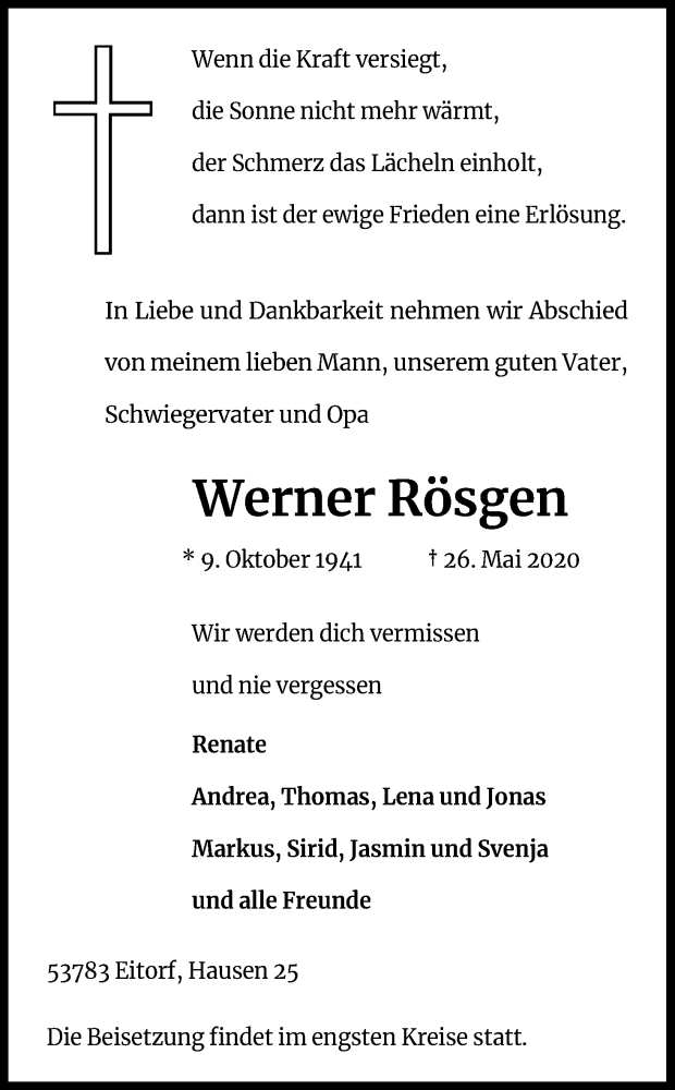  Traueranzeige für Werner Rösgen vom 30.05.2020 aus Kölner Stadt-Anzeiger / Kölnische Rundschau / Express