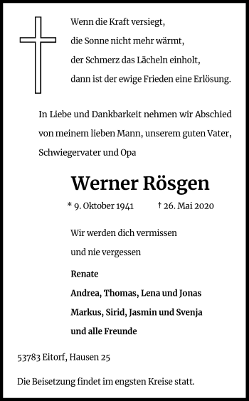 Anzeige von Werner Rösgen von Kölner Stadt-Anzeiger / Kölnische Rundschau / Express