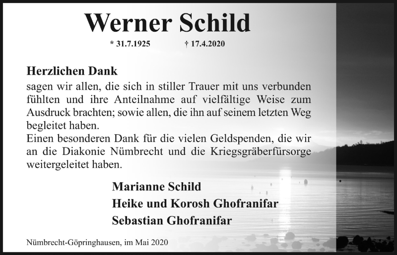  Traueranzeige für Werner Schild vom 29.05.2020 aus  Lokalanzeiger 