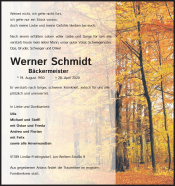 Anzeige von Werner Schmidt von Kölner Stadt-Anzeiger / Kölnische Rundschau / Express