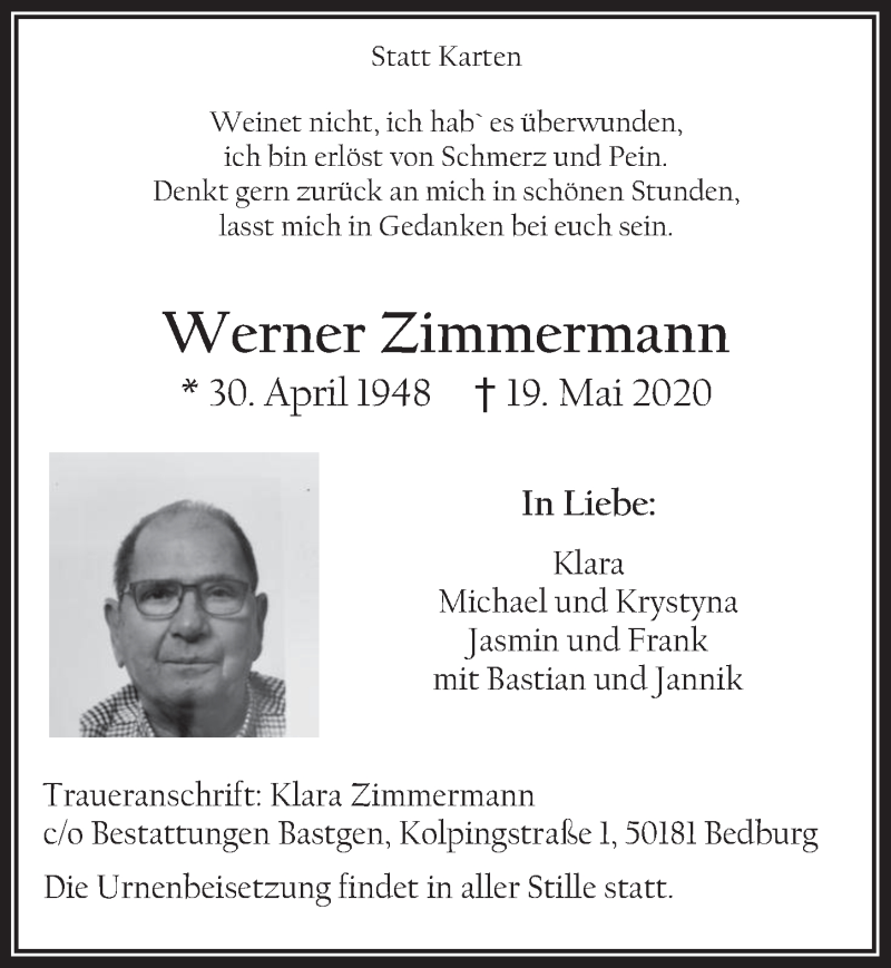  Traueranzeige für Werner Zimmermann vom 29.05.2020 aus  Werbepost 