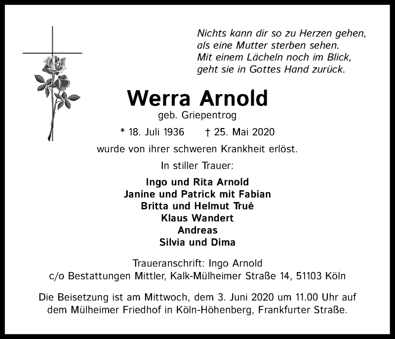  Traueranzeige für Werra Arnold vom 30.05.2020 aus Kölner Stadt-Anzeiger / Kölnische Rundschau / Express