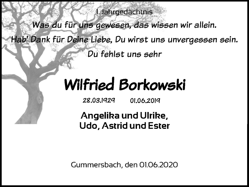  Traueranzeige für Wilfried Borkowski vom 30.05.2020 aus Kölner Stadt-Anzeiger / Kölnische Rundschau / Express