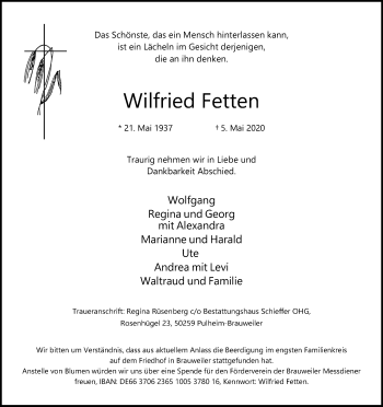 Anzeige von Wilfried Fetten von Kölner Stadt-Anzeiger / Kölnische Rundschau / Express