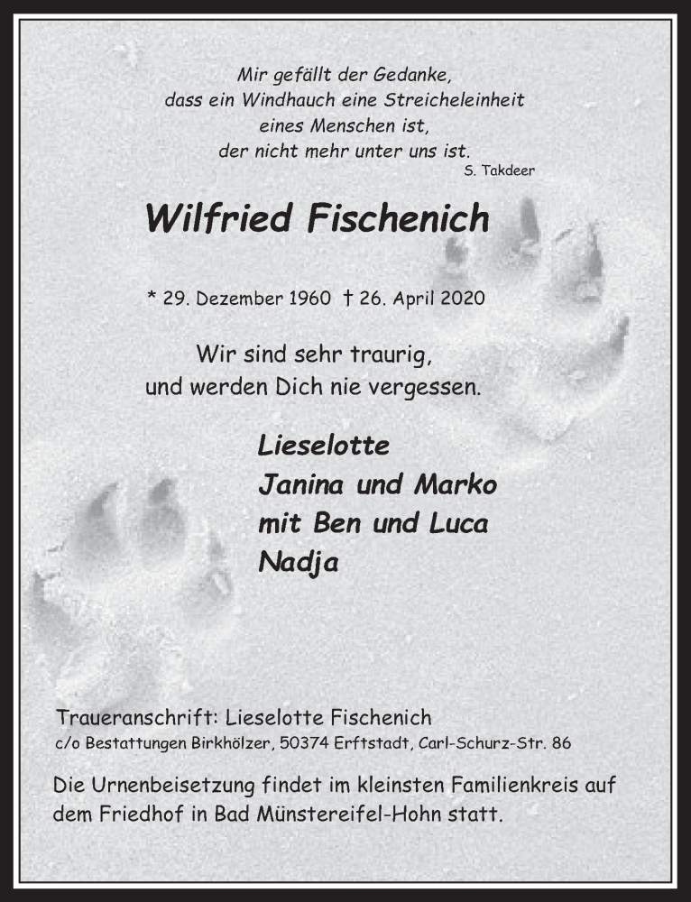  Traueranzeige für Wilfried Fischenich vom 08.05.2020 aus  Werbepost 