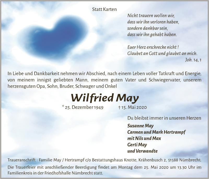  Traueranzeige für Wilfried May vom 22.05.2020 aus  Anzeigen Echo  Lokalanzeiger 