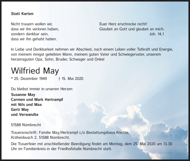 Traueranzeige für Wilfried May vom 19.05.2020 aus Kölner Stadt-Anzeiger / Kölnische Rundschau / Express