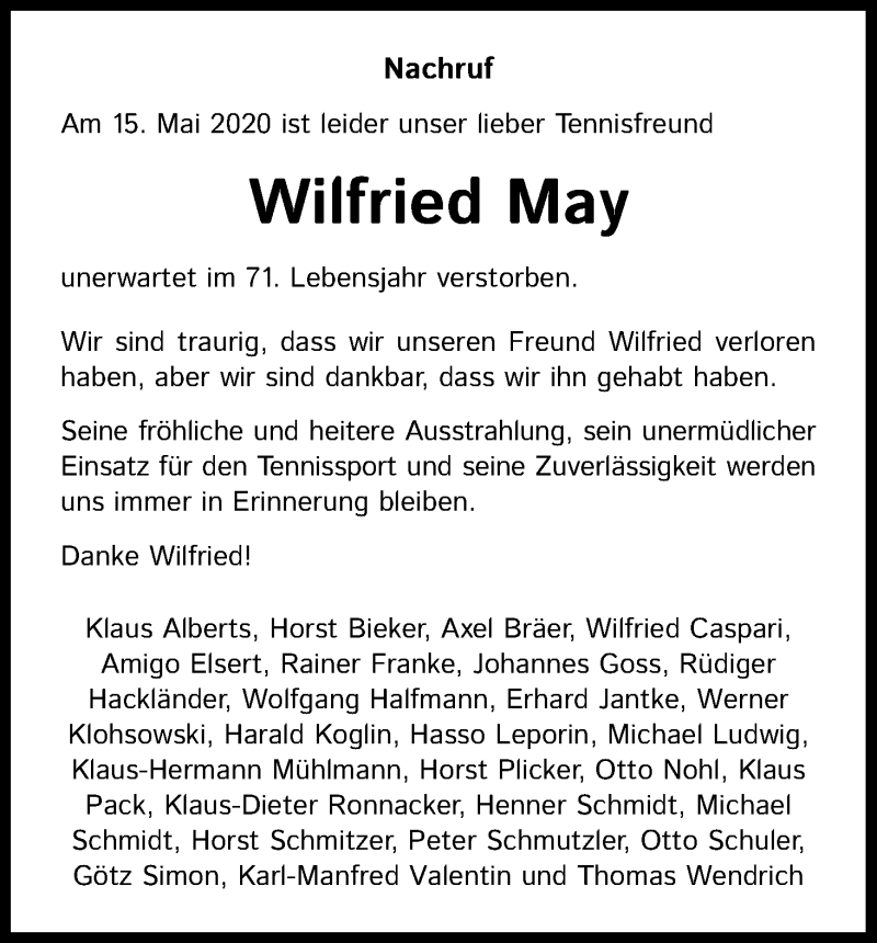  Traueranzeige für Wilfried May vom 27.05.2020 aus Kölner Stadt-Anzeiger / Kölnische Rundschau / Express