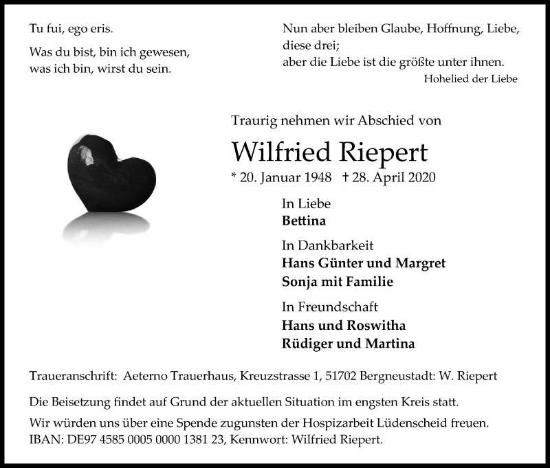  Traueranzeige für Wilfried Riepert vom 08.05.2020 aus Kölner Stadt-Anzeiger / Kölnische Rundschau / Express