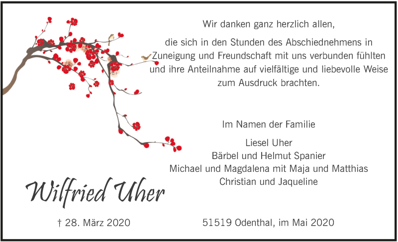  Traueranzeige für Wilfried Uher vom 22.05.2020 aus  Bergisches Handelsblatt 