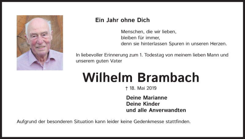  Traueranzeige für Wilhelm Brambach vom 18.05.2020 aus Kölner Stadt-Anzeiger / Kölnische Rundschau / Express