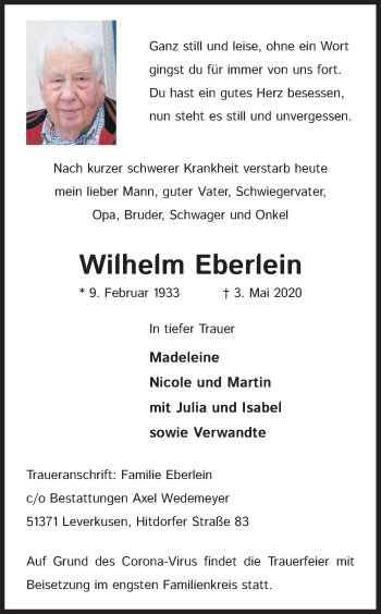 Anzeige von Wilhelm Eberlein von Kölner Stadt-Anzeiger / Kölnische Rundschau / Express