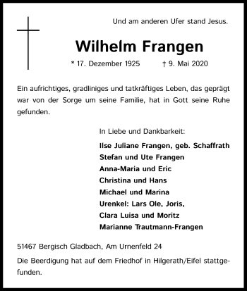 Anzeige von Wilhelm Frangen von Kölner Stadt-Anzeiger / Kölnische Rundschau / Express