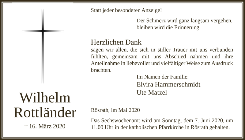  Traueranzeige für Wilhelm Rottländer vom 08.05.2020 aus  Bergisches Handelsblatt 