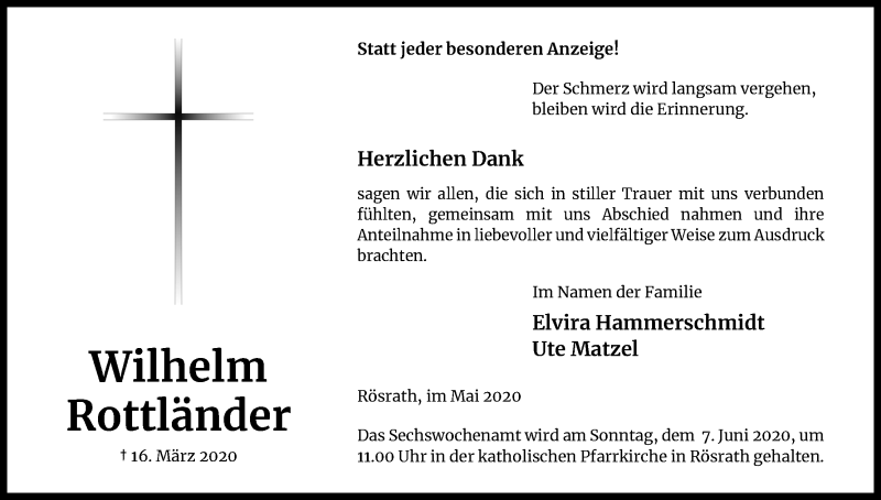  Traueranzeige für Wilhelm Rottländer vom 09.05.2020 aus Kölner Stadt-Anzeiger / Kölnische Rundschau / Express