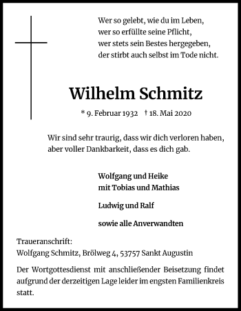 Anzeige von Wilhelm Schmitz von Kölner Stadt-Anzeiger / Kölnische Rundschau / Express