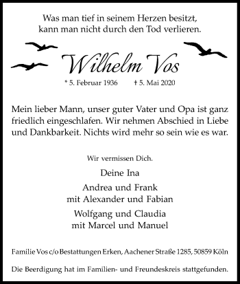 Anzeige von Wilhelm Vos von Kölner Stadt-Anzeiger / Kölnische Rundschau / Express