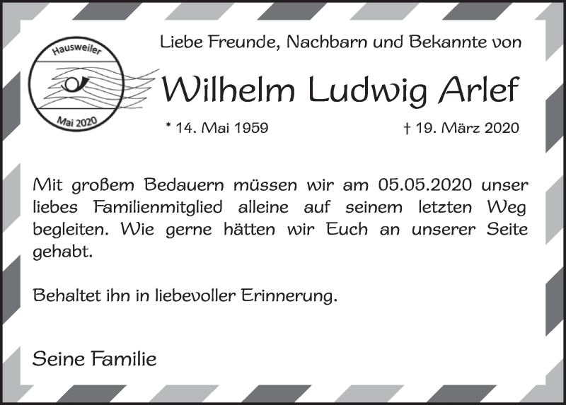 Traueranzeige für Wilhelm Ludwig Arlef vom 02.05.2020 aus  Blickpunkt Euskirchen 