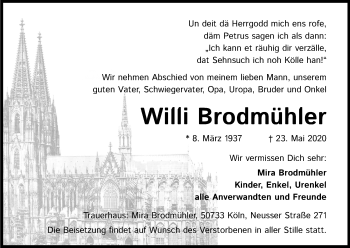 Anzeige von Willi Brodmühler von Kölner Stadt-Anzeiger / Kölnische Rundschau / Express